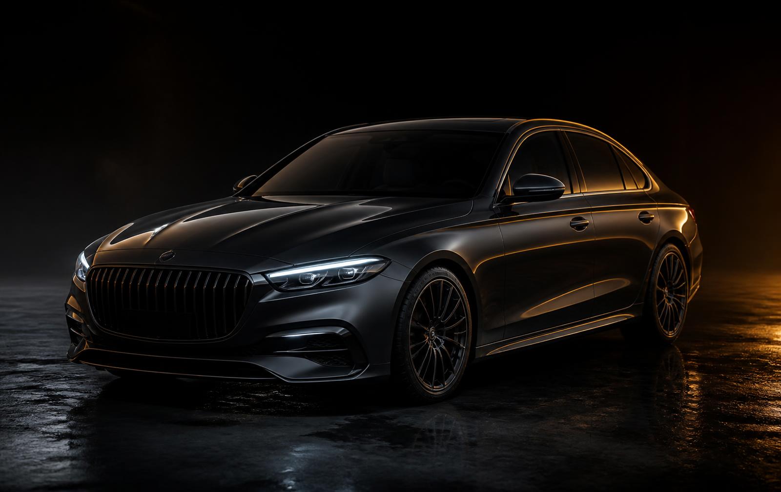 Modern sedan lit in a dark studio